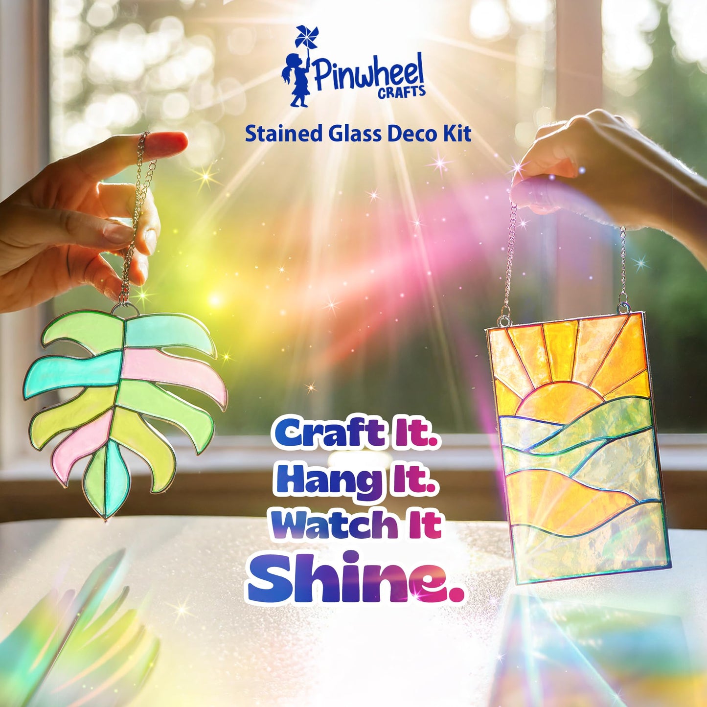 Pinwheel Crafts DIY Stained Glass Kit for Kids – 2 Frames, Beads & Hanging Chains
