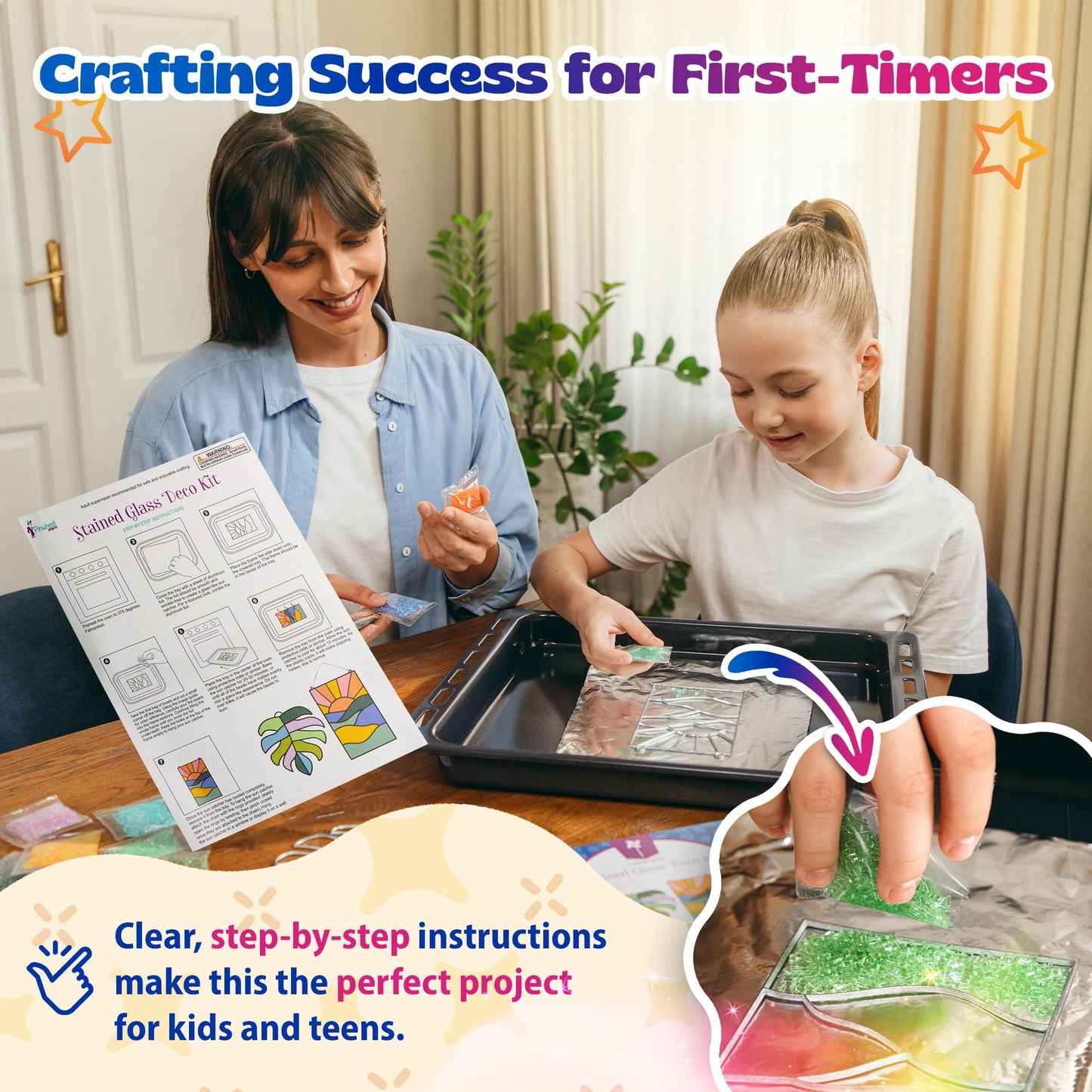 Pinwheel Crafts DIY Stained Glass Kit for Kids – 2 Frames, Beads & Hanging Chains