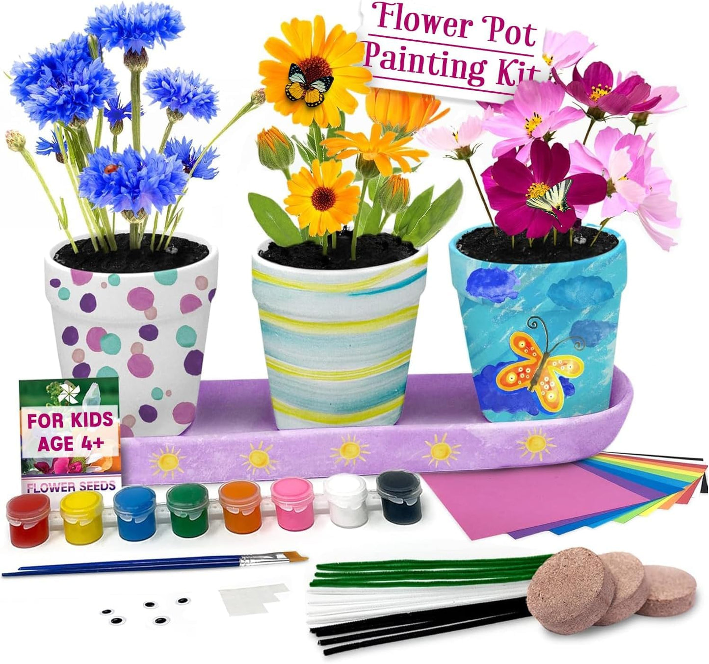 Pinwheel Crafts Flower Pot Painting Kit – Kids Garden Set with Seeds, Soil, 3 Pots, 8 Paints
