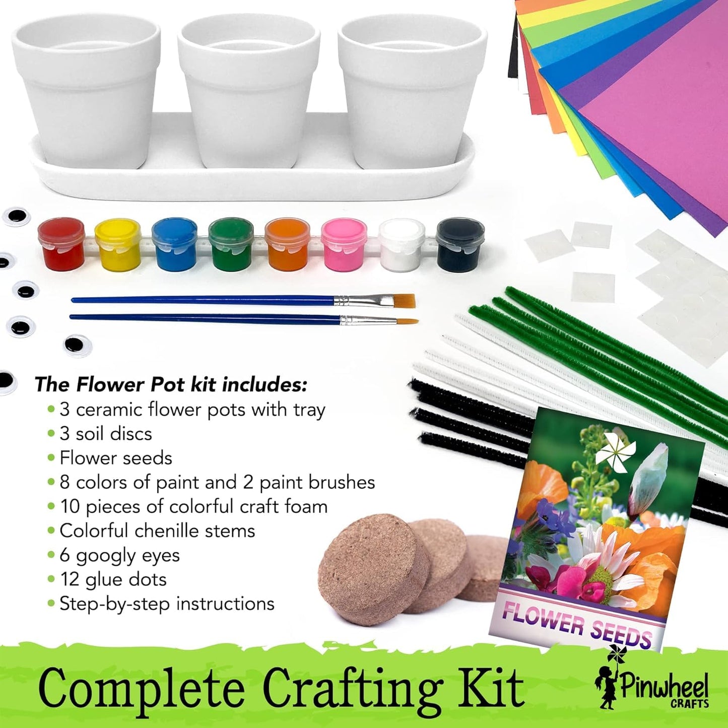 Pinwheel Crafts Flower Pot Painting Kit – Kids Garden Set with Seeds, Soil, 3 Pots, 8 Paints
