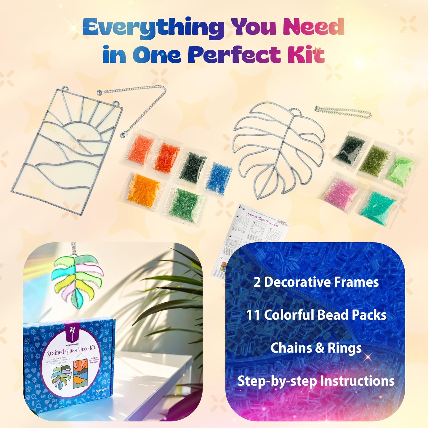Pinwheel Crafts DIY Stained Glass Kit for Kids – 2 Frames, Beads & Hanging Chains