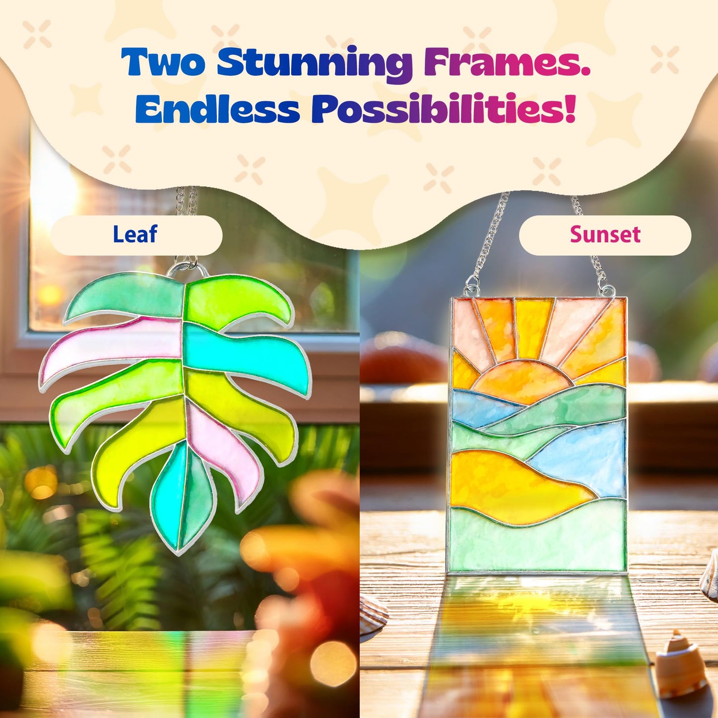 Pinwheel Crafts DIY Stained Glass Kit for Kids – 2 Frames, Beads & Hanging Chains