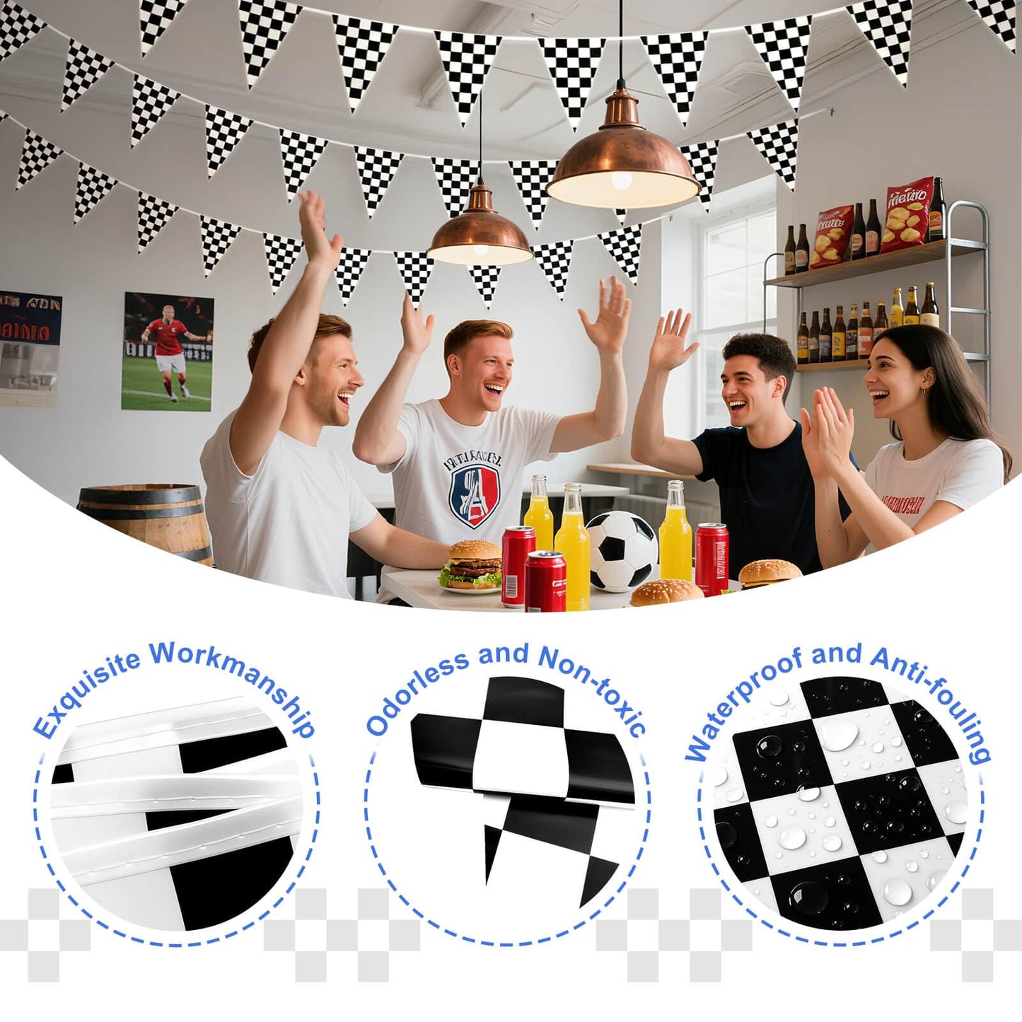 Piokio 100ft Black & White Checkered Flag Banner for Racing Birthday Parties