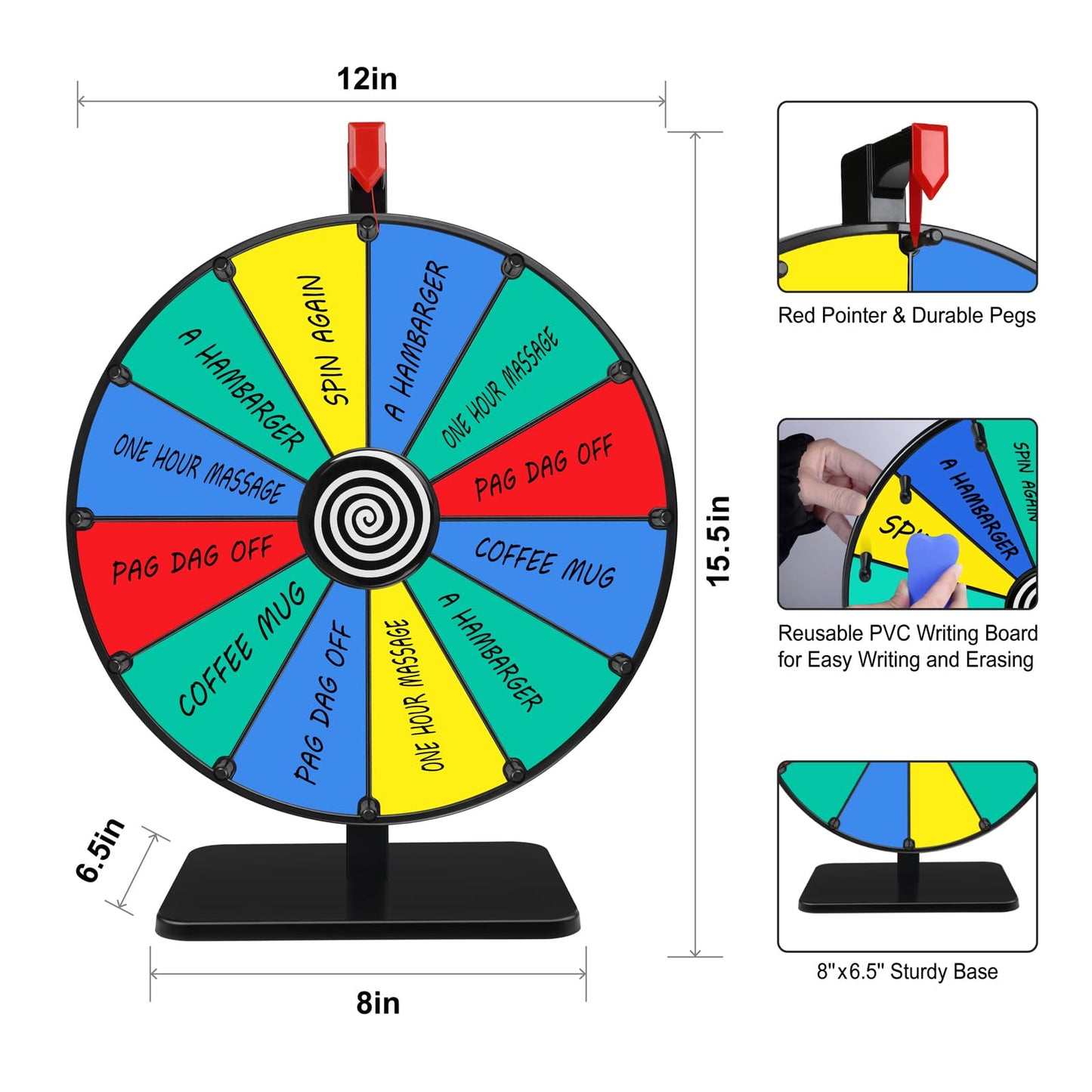 Pionites 12-Inch 12-Slot Prize Wheel | Dry-Erase Tabletop Spin