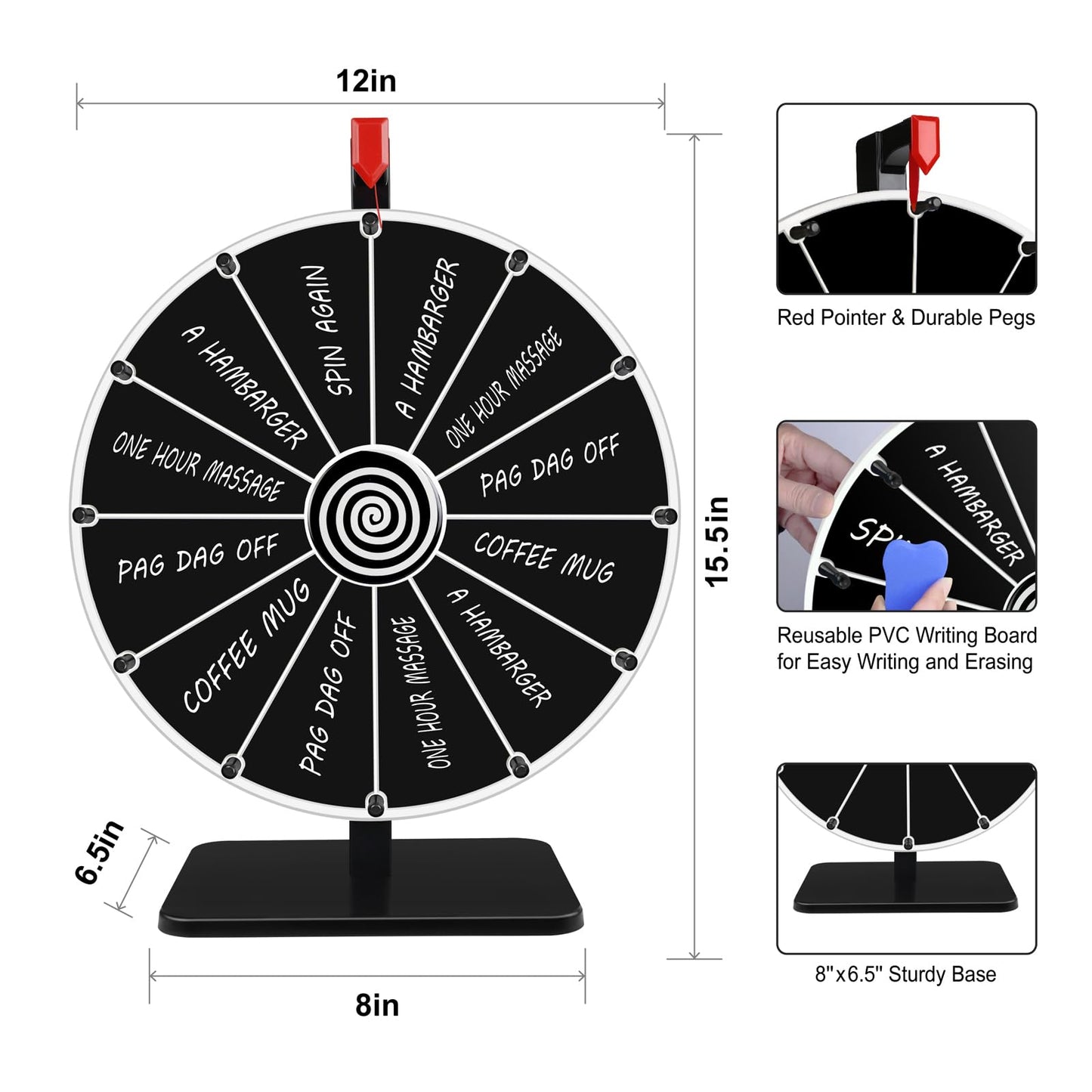 Pionites 12-Inch 12 Slots Prize Wheel – Tabletop or Wall Mount with Dry Erase Marker