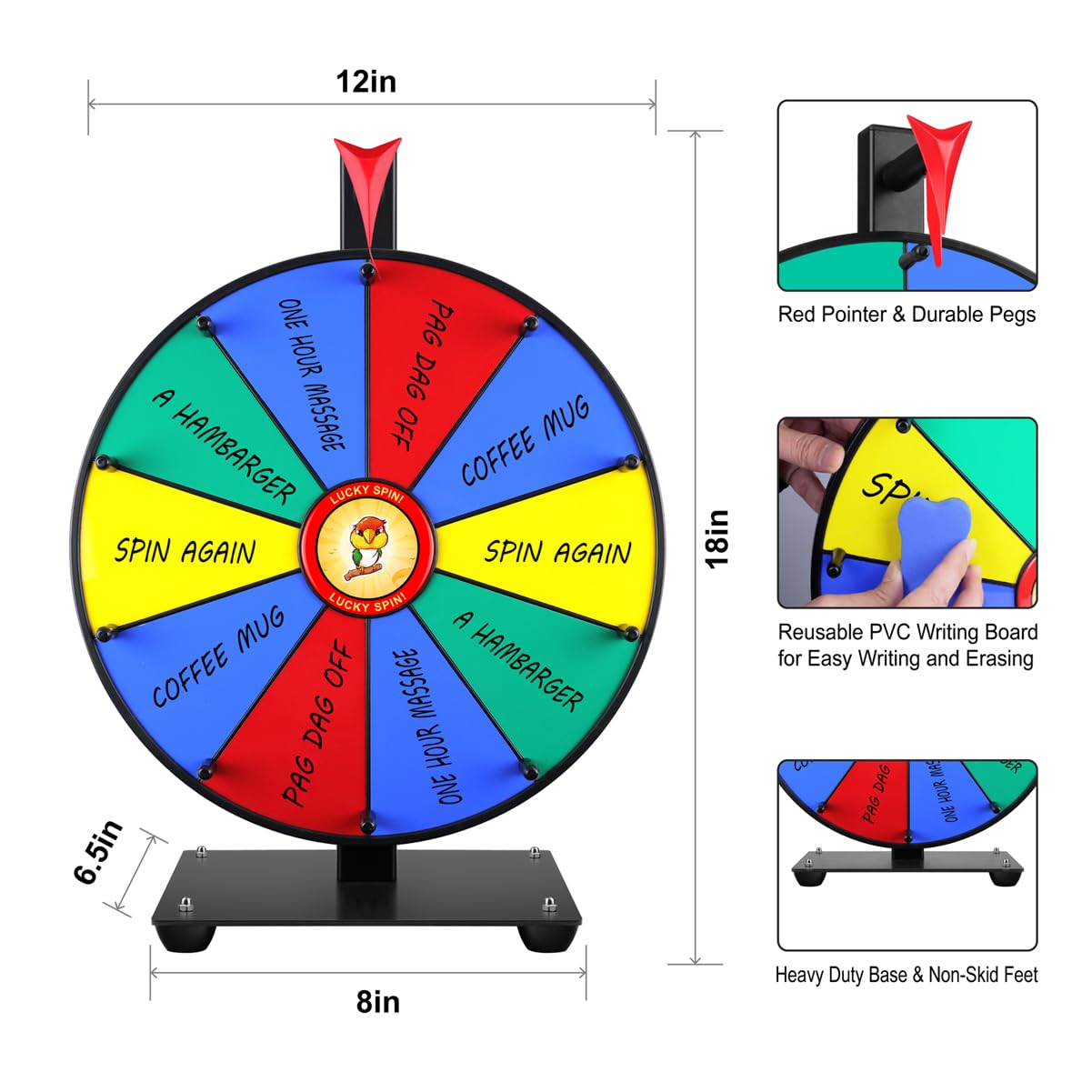 Pionites Prize Wheel 12in 10 Slots – Dry Erase Spin for Parties, Trade Shows, Tabletop or Wall Mount