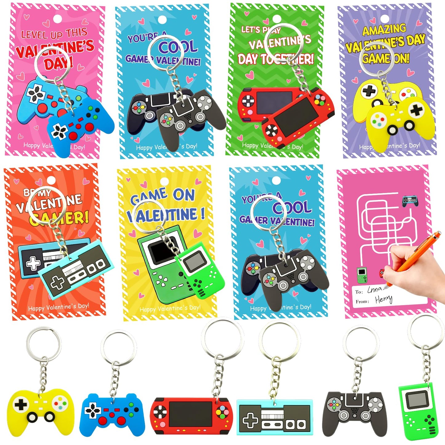 PIONJOY 28-Pack Valentines Game Keychains with Cards | Classroom Gifts & Party Favors