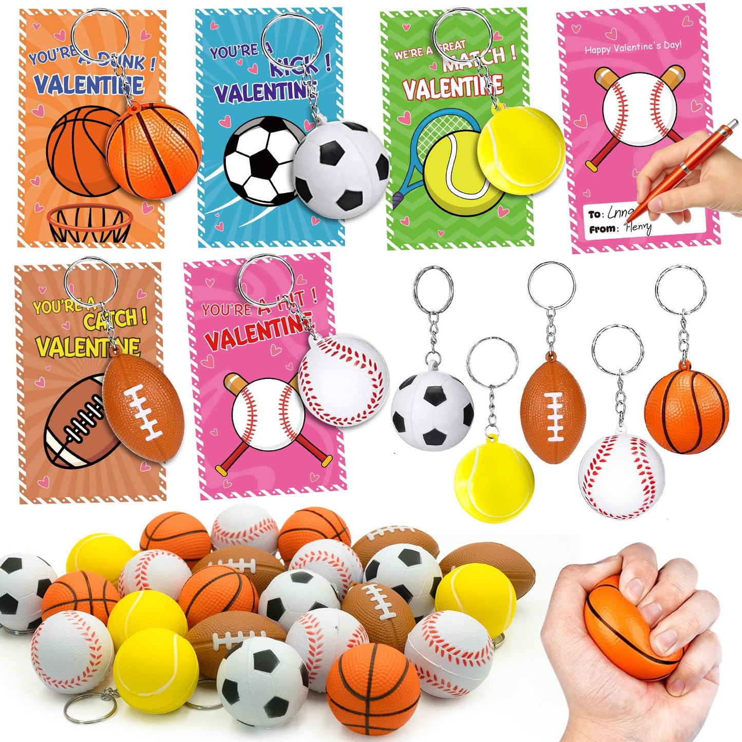 PIONJOY 30-Pack Valentines Day Gifts for Kids — Sports Keychains & PU Foam Squeeze Toys