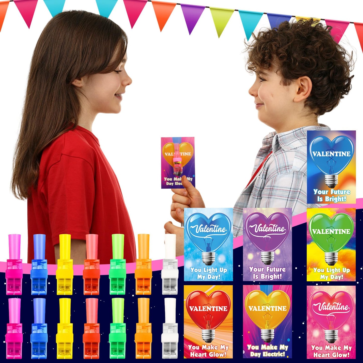 PIONJOY 28-Pack Valentines LED Finger Lights – Kids' Valentine Cards & Neon Design Lights for Classroom Fun