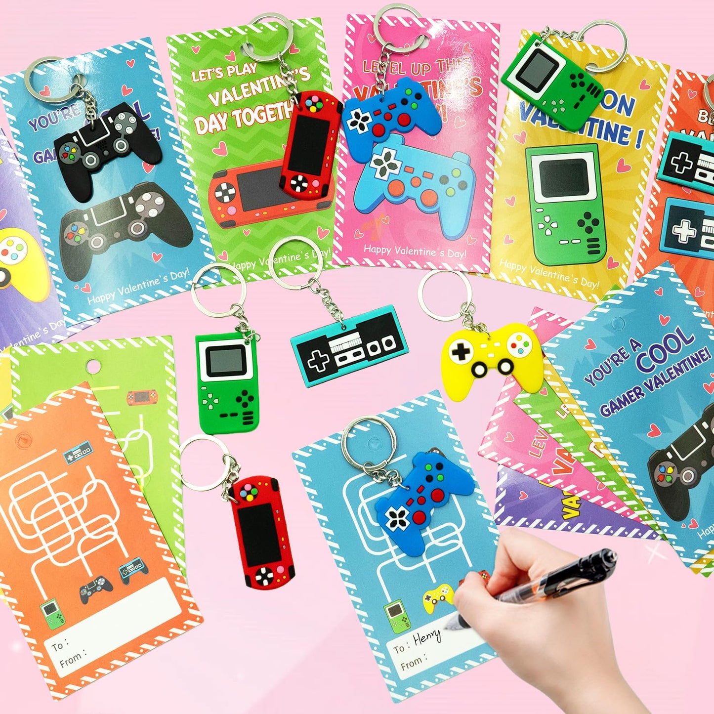 PIONJOY 28-Pack Valentines Game Keychains with Cards | Classroom Gifts & Party Favors