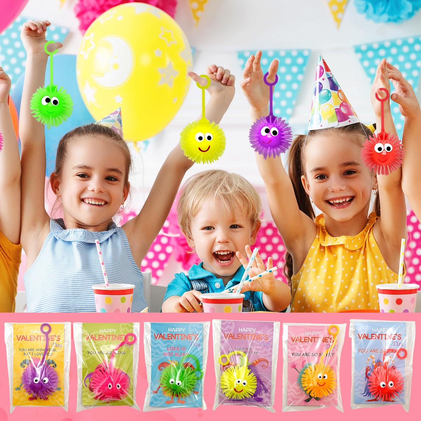 PIONJOY 24-Pack Valentines LED Puffy Ball Toys with Monster Cards – Glow-in-the-Dark Classroom Prizes