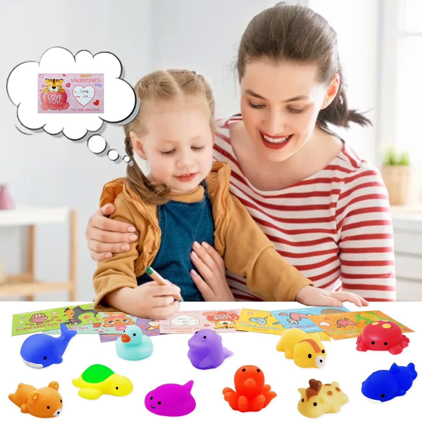PIONJOY 28-Pack Valentines Gifts for Kids – Mochi Squishy Toys & Greeting Cards
