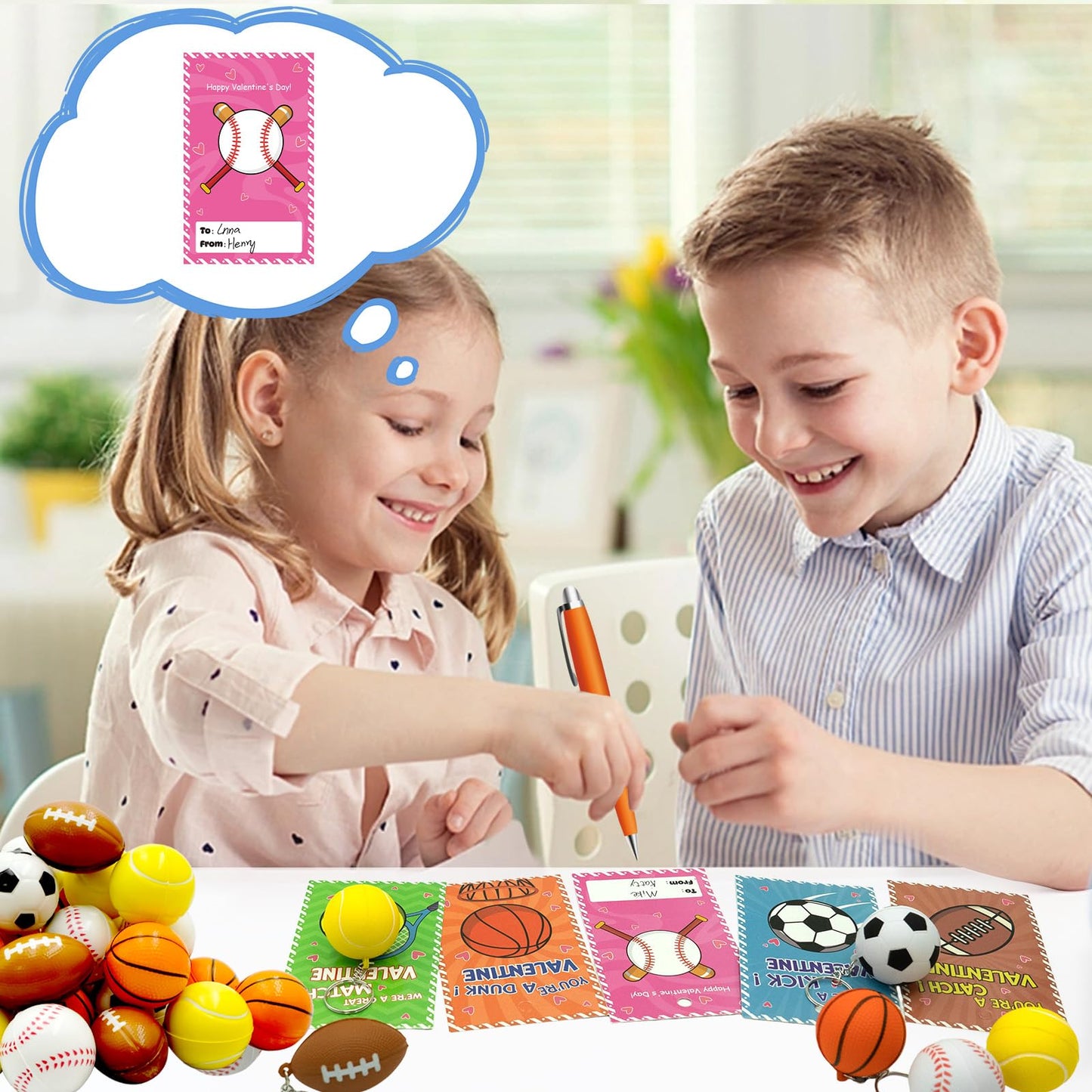 PIONJOY 30-Pack Valentines Day Gifts for Kids — Sports Keychains & PU Foam Squeeze Toys