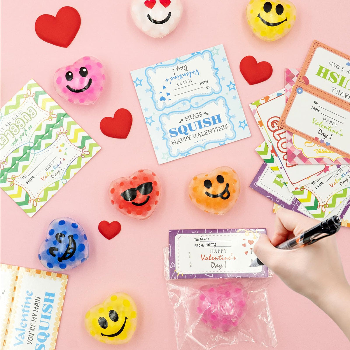 PIONJOY 28-Pack Valentines Day Gifts for Kids – Stress Balls & Card Set