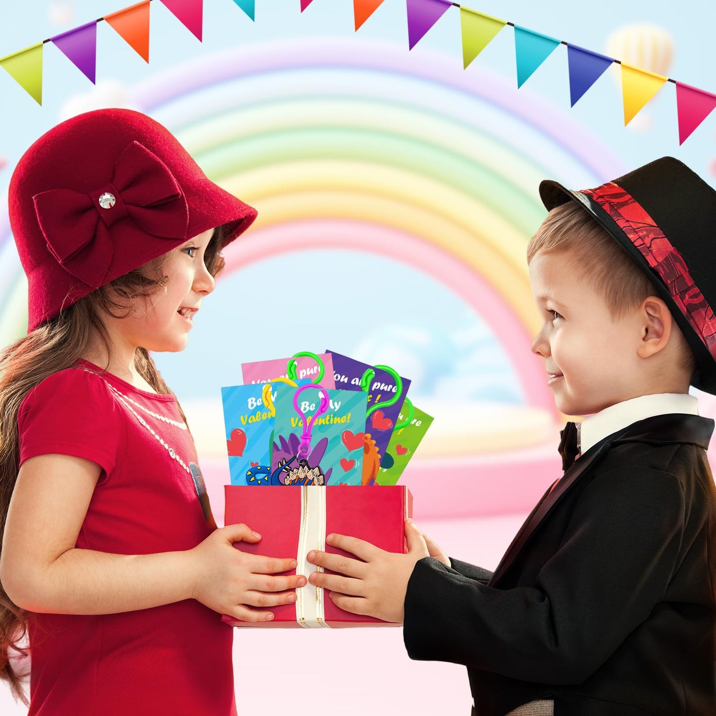 PIONJOY 28-Pack Valentines Dinosaur Keychains with Cards – Kids Classroom Party Favors