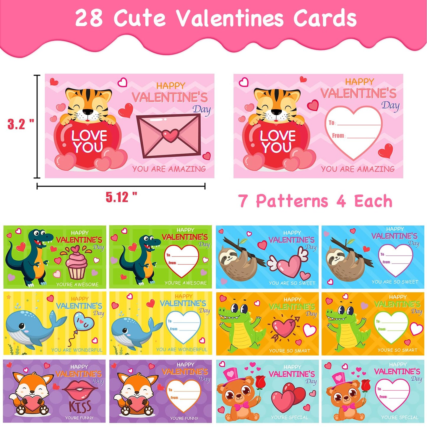PIONJOY 28-Pack Valentines Gifts for Kids – Mochi Squishy Toys & Greeting Cards