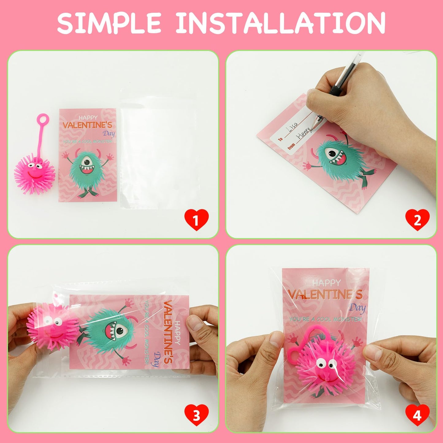 PIONJOY 24-Pack Valentines LED Puffy Ball Toys with Monster Cards – Glow-in-the-Dark Classroom Prizes