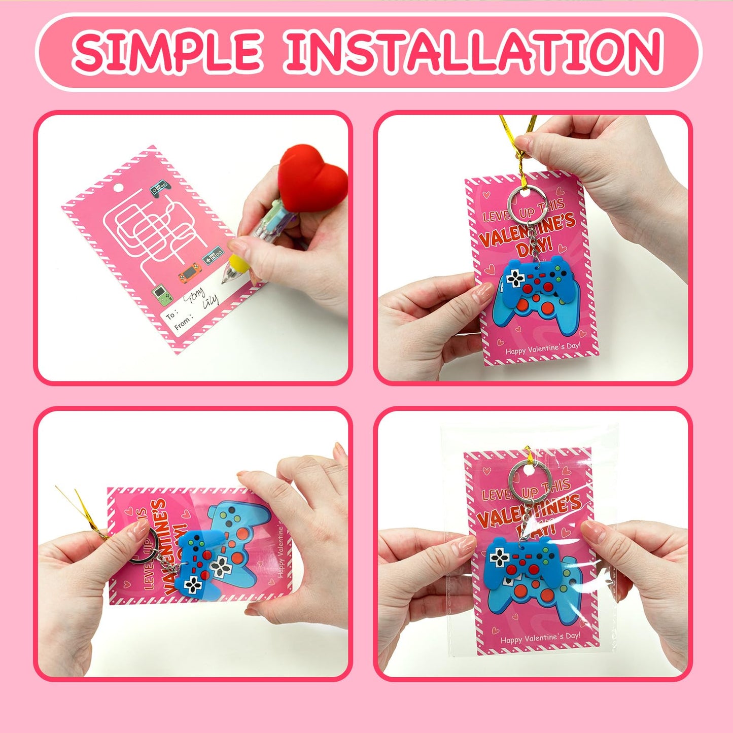 PIONJOY 28-Pack Valentines Game Keychains with Cards | Classroom Gifts & Party Favors