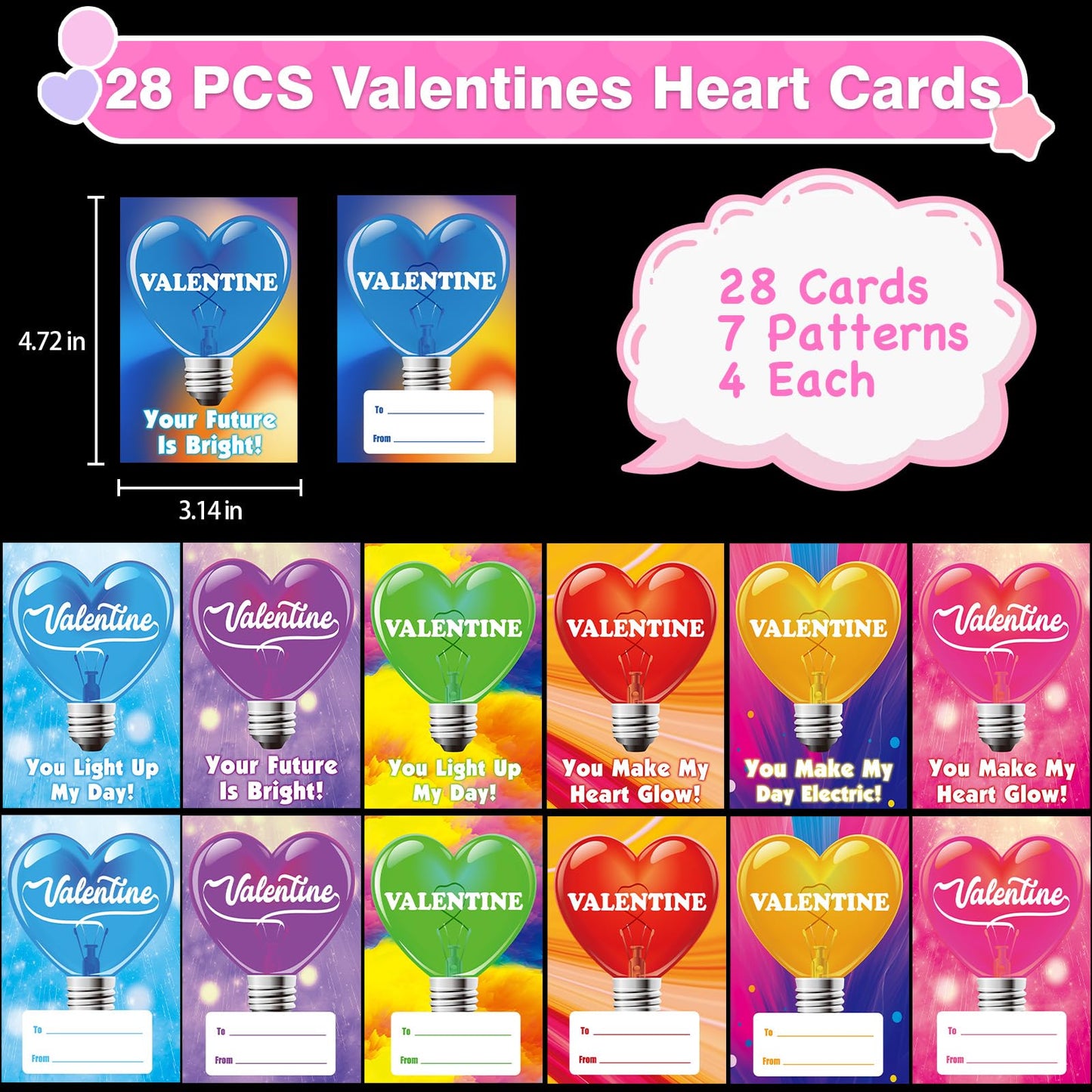 PIONJOY 28-Pack Valentines LED Finger Lights – Kids' Valentine Cards & Neon Design Lights for Classroom Fun