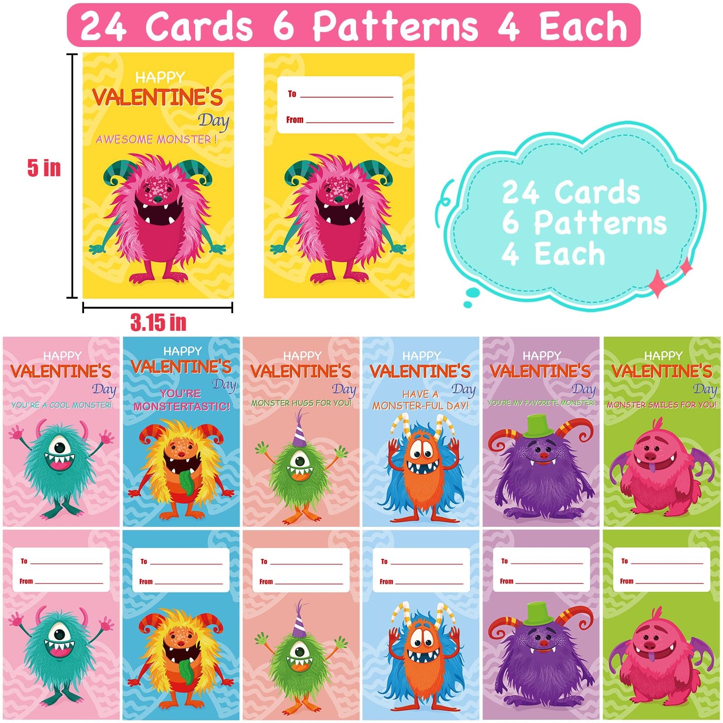 PIONJOY 24-Pack Valentines LED Puffy Ball Toys with Monster Cards – Glow-in-the-Dark Classroom Prizes