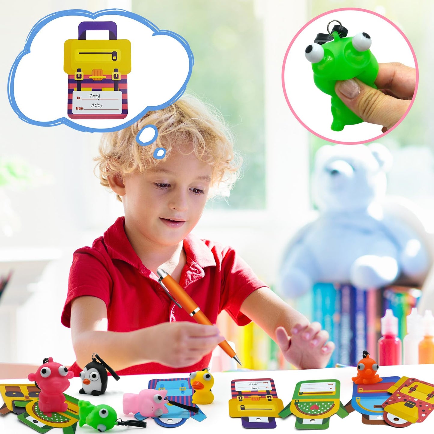 PIONJOY 28-Pack Valentines Cards with Eye-Pop Squeeze Keychains – Classroom Prizes & Gifts