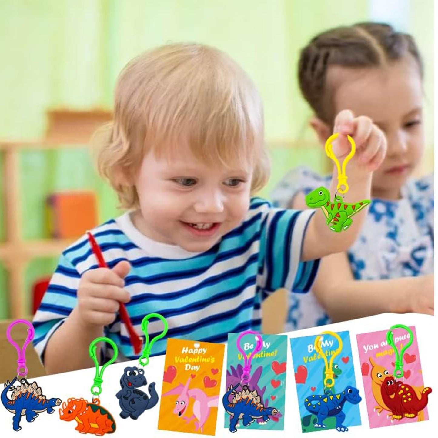 PIONJOY 28-Pack Valentines Dinosaur Keychains with Cards – Kids Classroom Party Favors