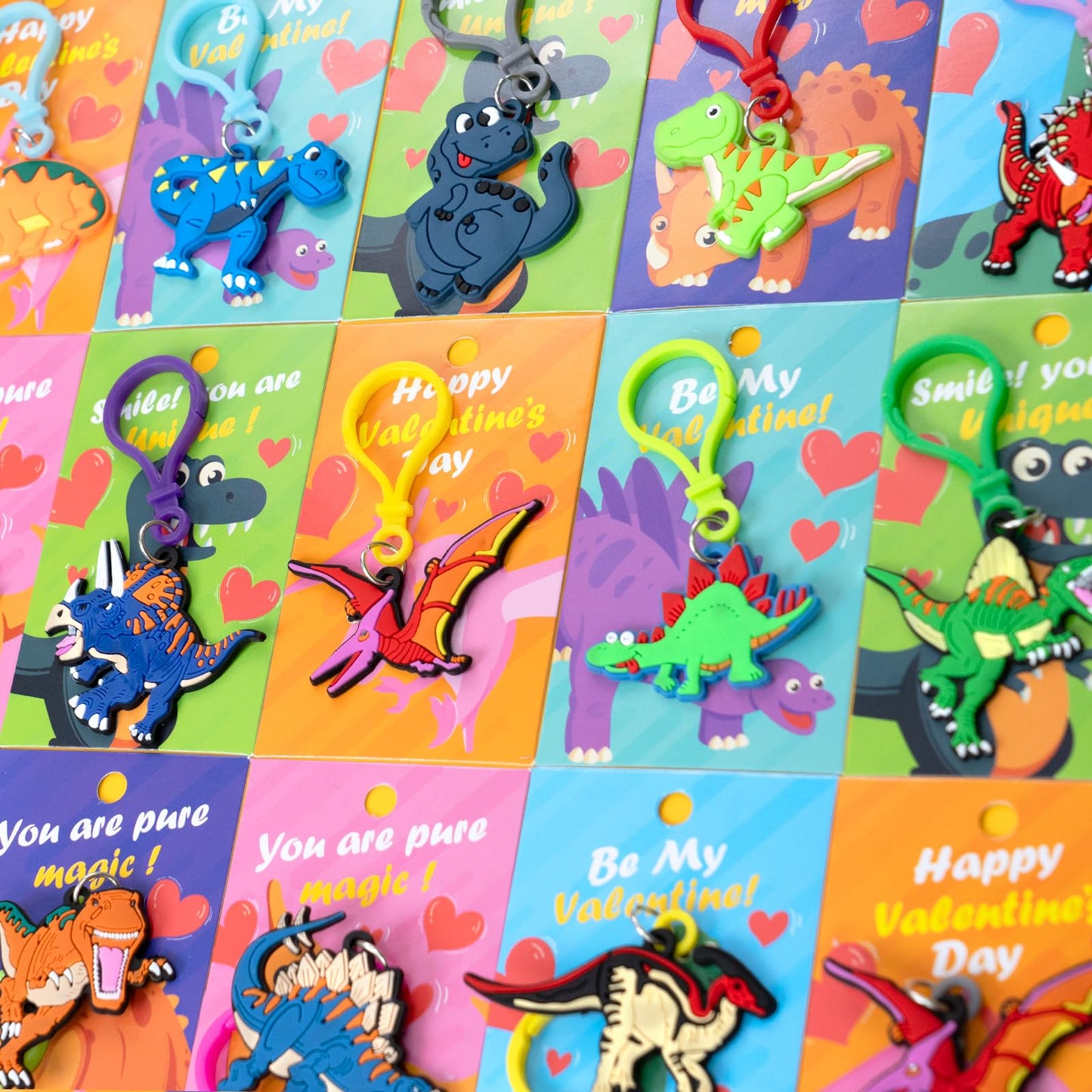 PIONJOY 28-Pack Valentines Dinosaur Keychains with Cards – Kids Classroom Party Favors