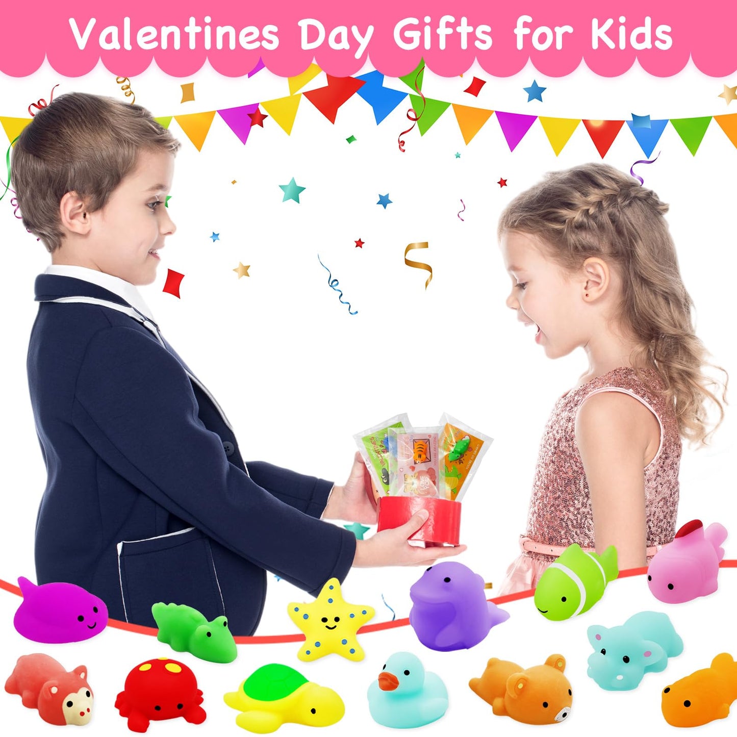 PIONJOY 28-Pack Valentines Gifts for Kids – Mochi Squishy Toys & Greeting Cards