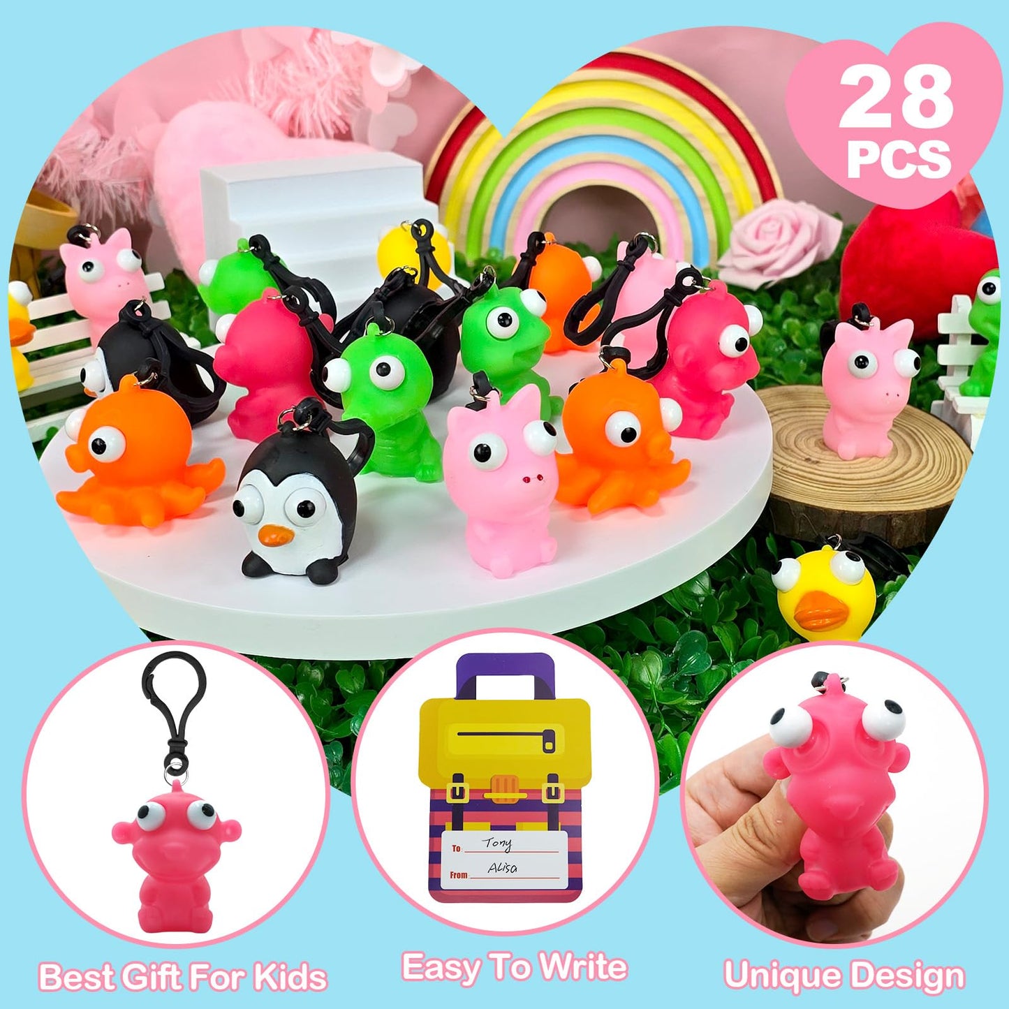 PIONJOY 28-Pack Valentines Cards with Eye-Pop Squeeze Keychains – Classroom Prizes & Gifts