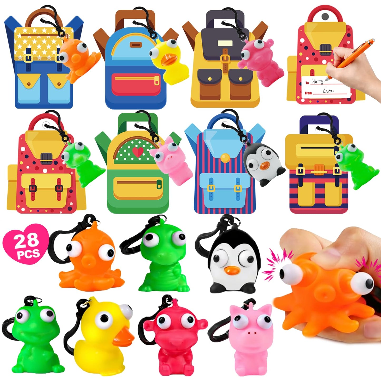 PIONJOY 28-Pack Valentines Cards with Eye-Pop Squeeze Keychains – Classroom Prizes & Gifts