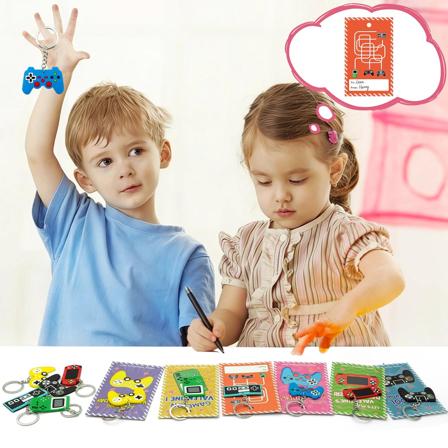 PIONJOY 28-Pack Valentines Game Keychains with Cards | Classroom Gifts & Party Favors