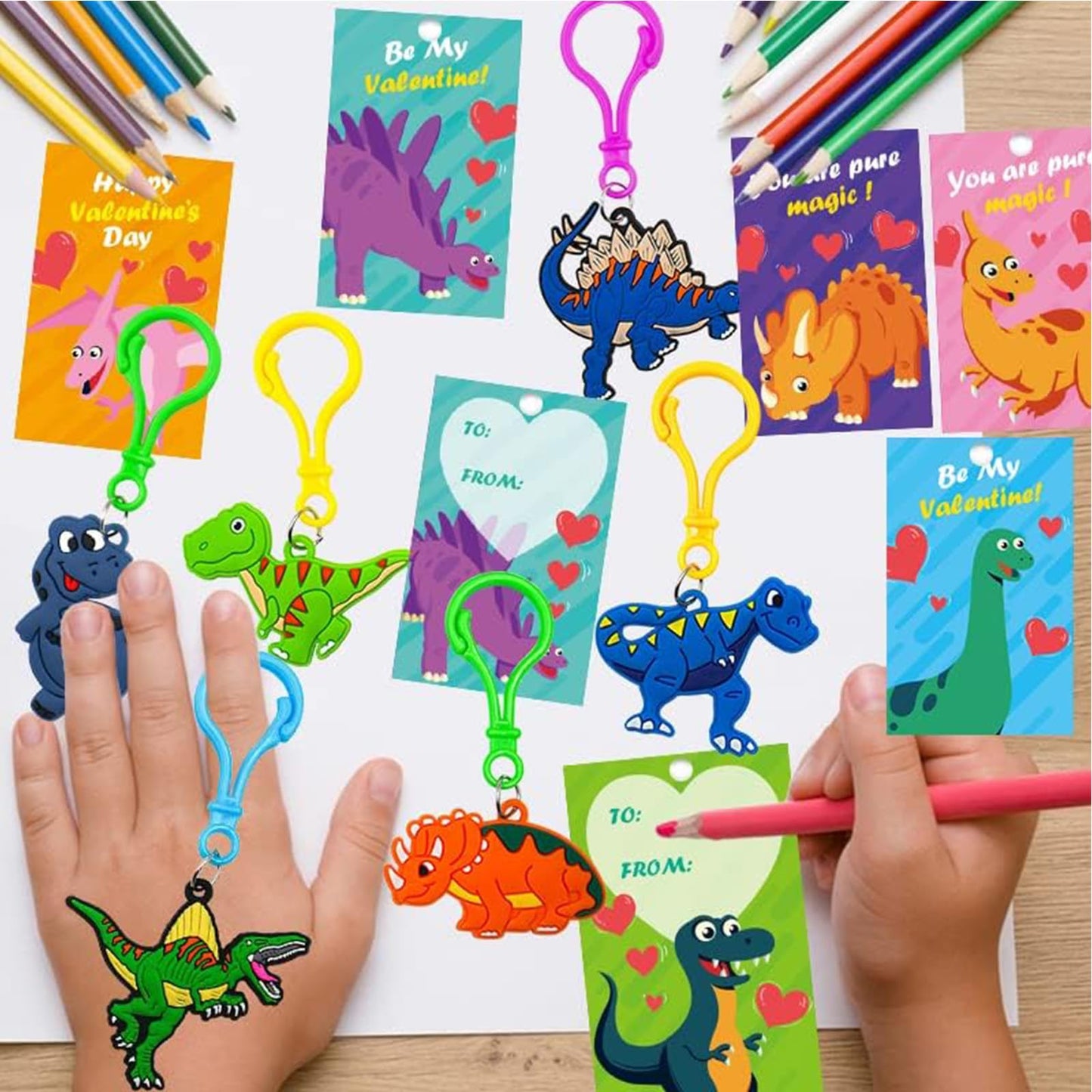 PIONJOY 28-Pack Valentines Dinosaur Keychains with Cards – Kids Classroom Party Favors