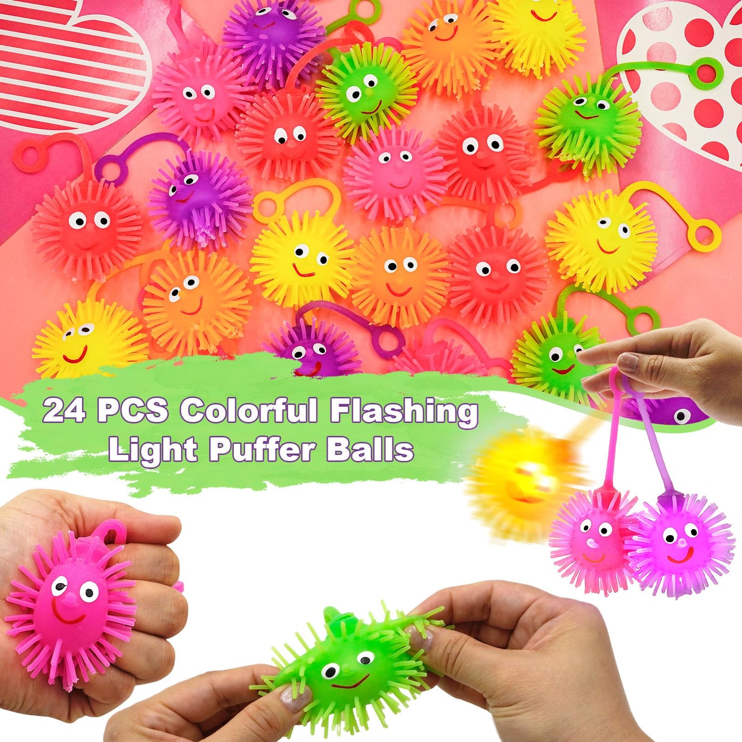 PIONJOY 24-Pack Valentines LED Puffy Ball Toys with Monster Cards – Glow-in-the-Dark Classroom Prizes