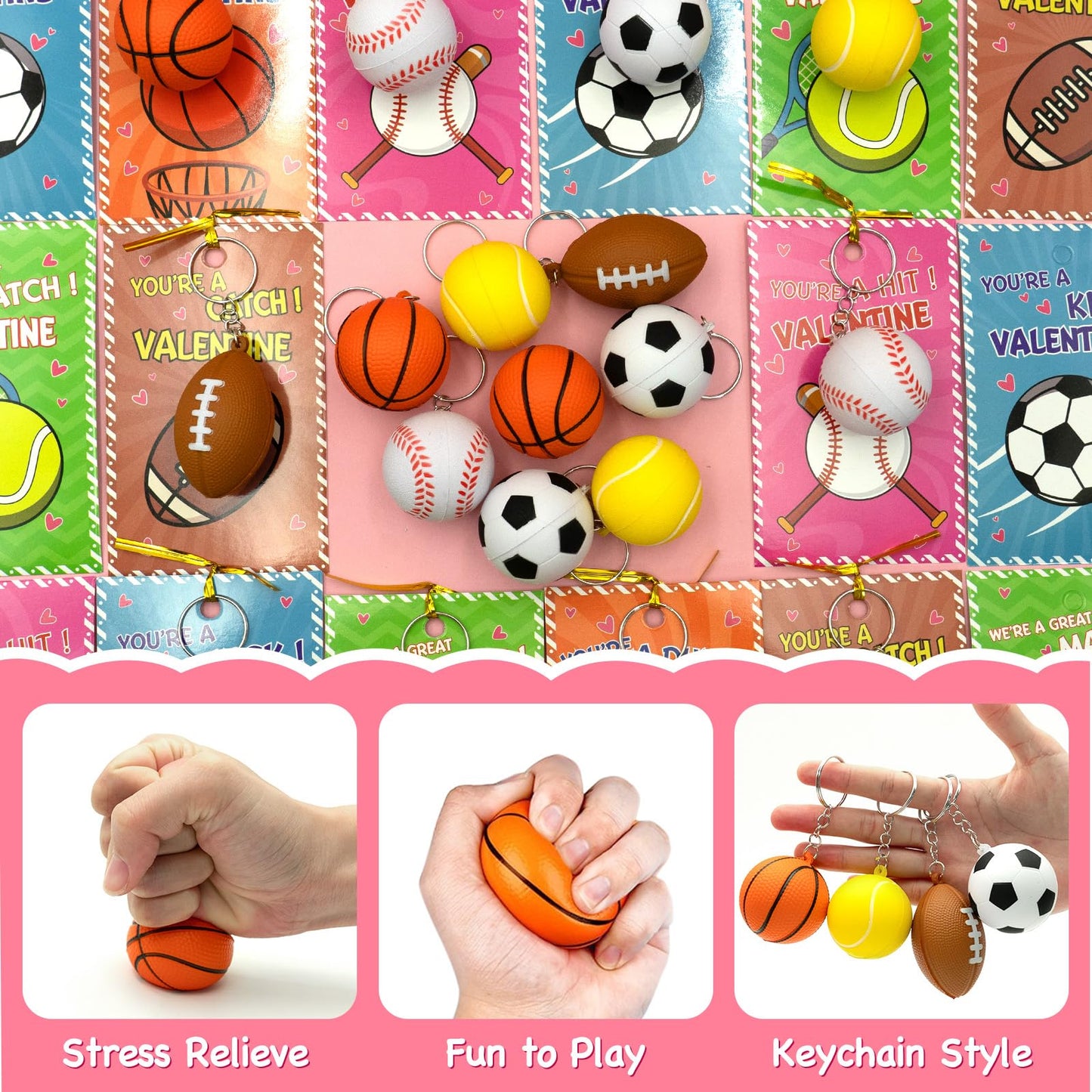 PIONJOY 30-Pack Valentines Day Gifts for Kids — Sports Keychains & PU Foam Squeeze Toys
