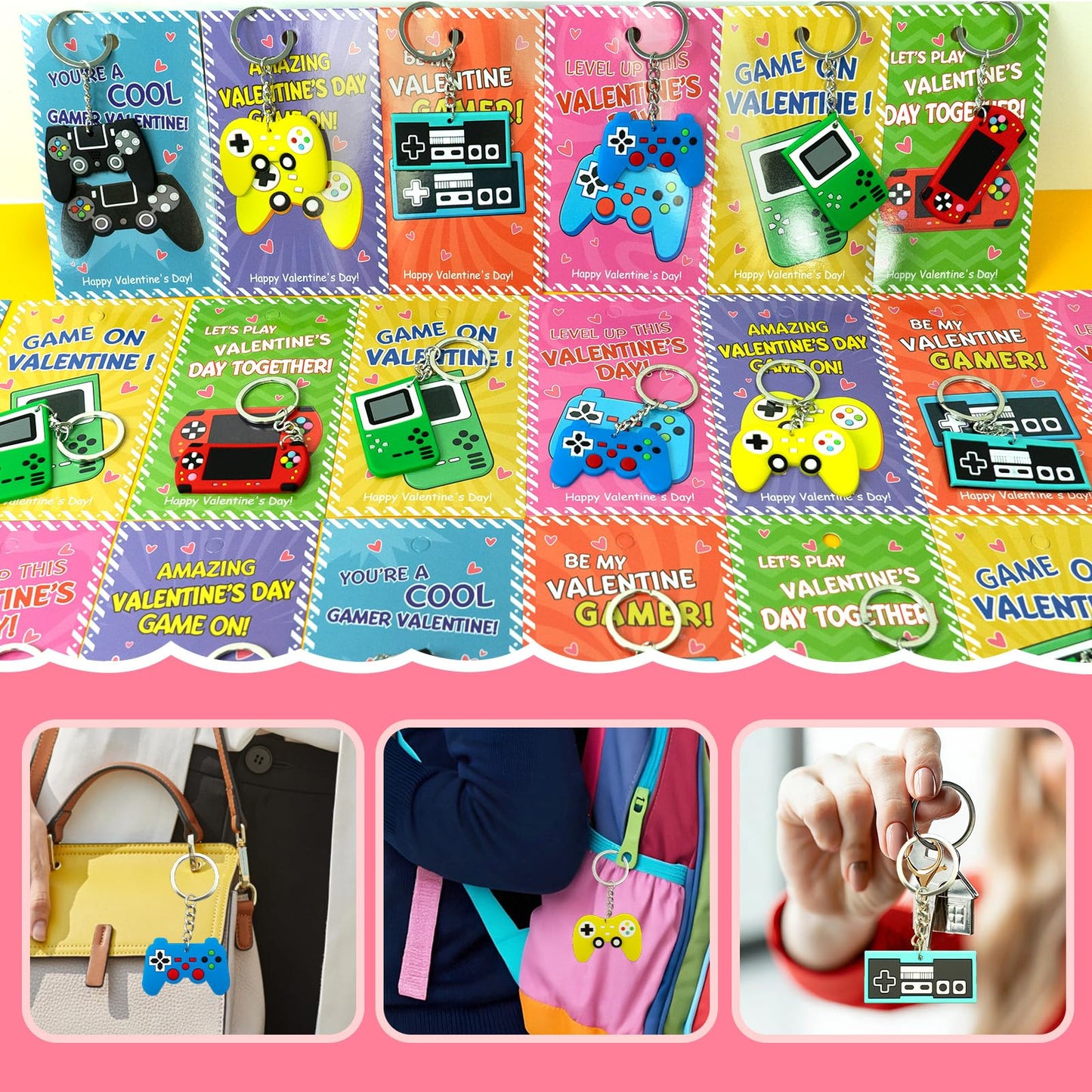 PIONJOY 28-Pack Valentines Game Keychains with Cards | Classroom Gifts & Party Favors