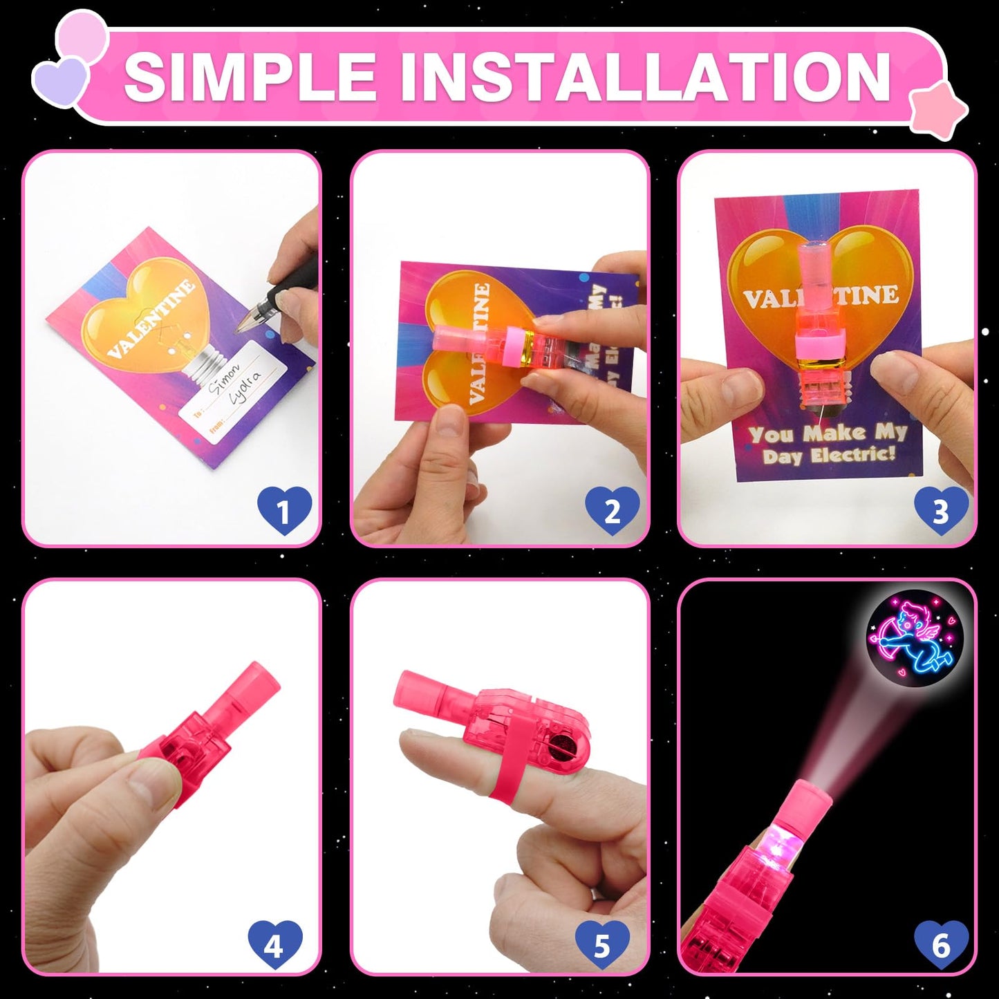 PIONJOY 28-Pack Valentines LED Finger Lights – Kids' Valentine Cards & Neon Design Lights for Classroom Fun