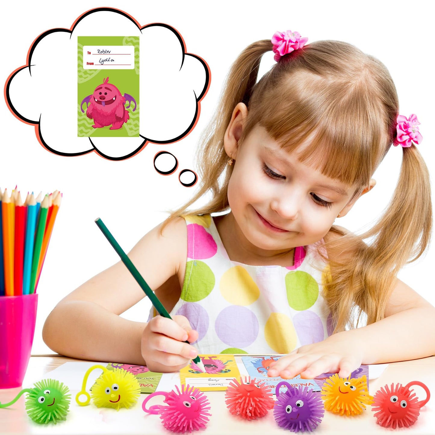 PIONJOY 24-Pack Valentines LED Puffy Ball Toys with Monster Cards – Glow-in-the-Dark Classroom Prizes