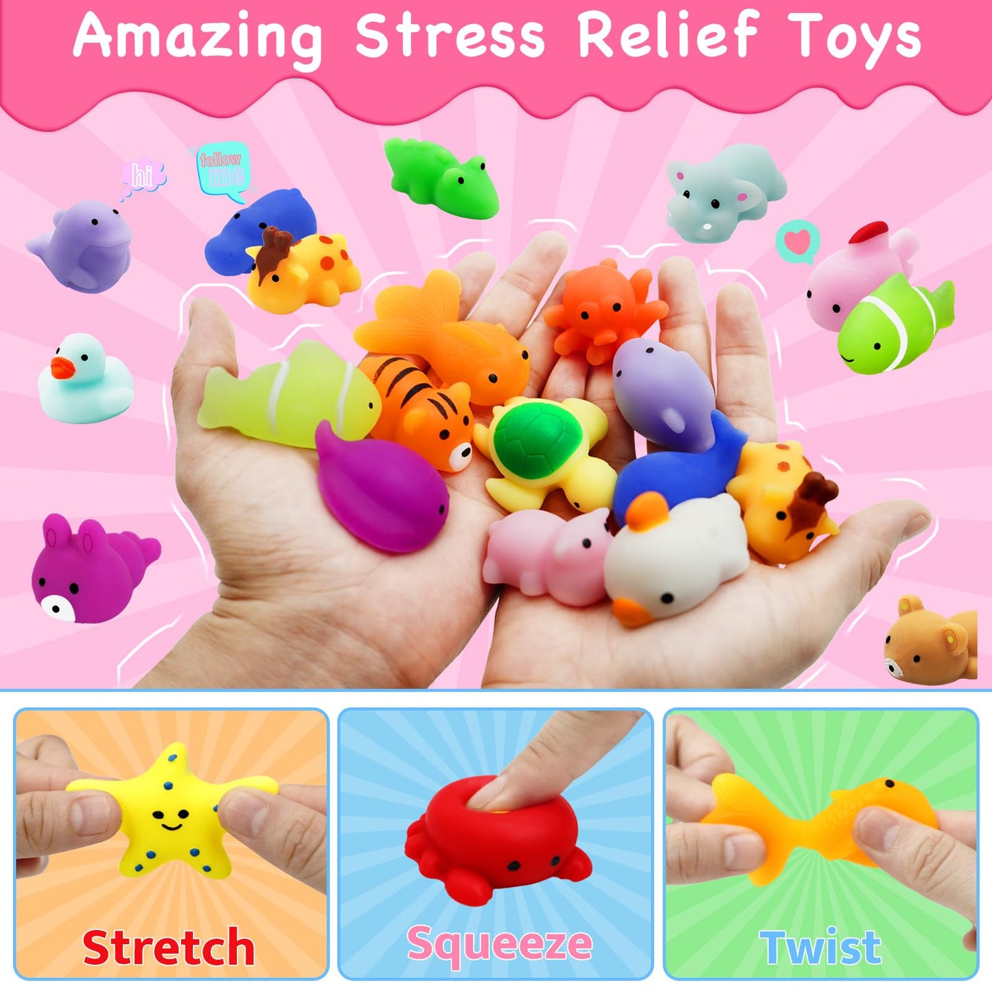 PIONJOY 28-Pack Valentines Gifts for Kids – Mochi Squishy Toys & Greeting Cards
