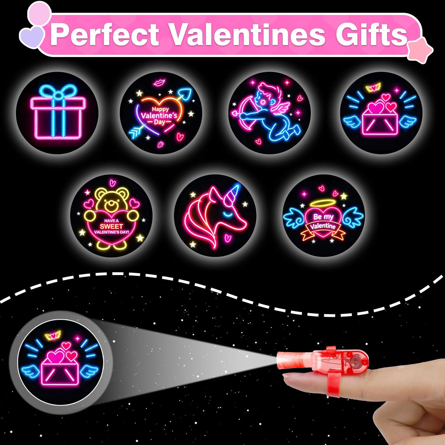 PIONJOY 28-Pack Valentines LED Finger Lights – Kids' Valentine Cards & Neon Design Lights for Classroom Fun