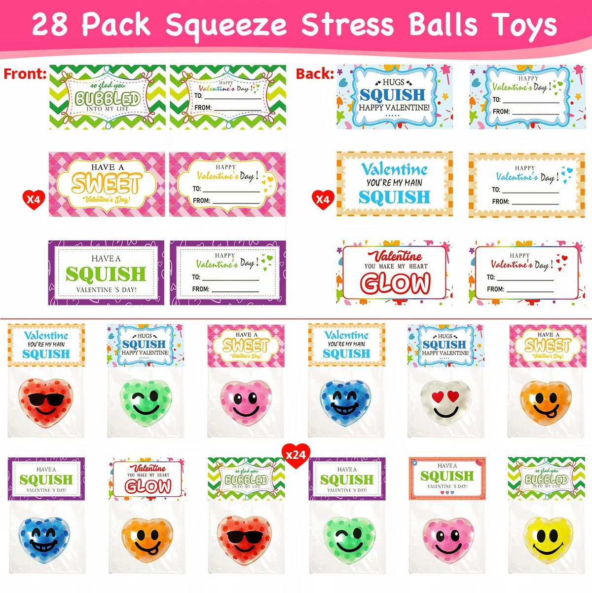 PIONJOY 28-Pack Valentines Day Gifts for Kids – Stress Balls & Card Set