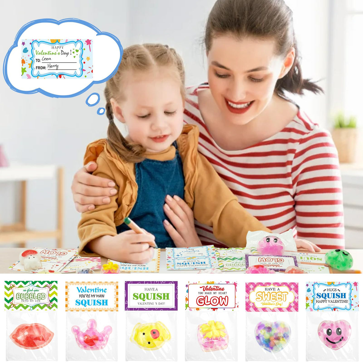 PIONJOY 28-Pack Valentines Day Gifts for Kids – Squishy Stress Balls with Cards & Classroom Prizes