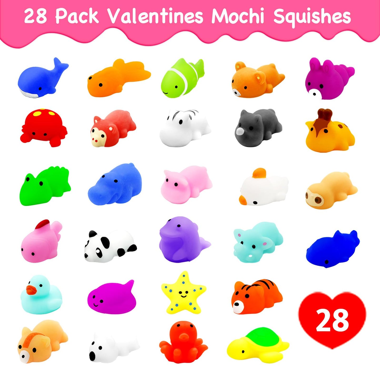 PIONJOY 28-Pack Valentines Gifts for Kids – Mochi Squishy Toys & Greeting Cards