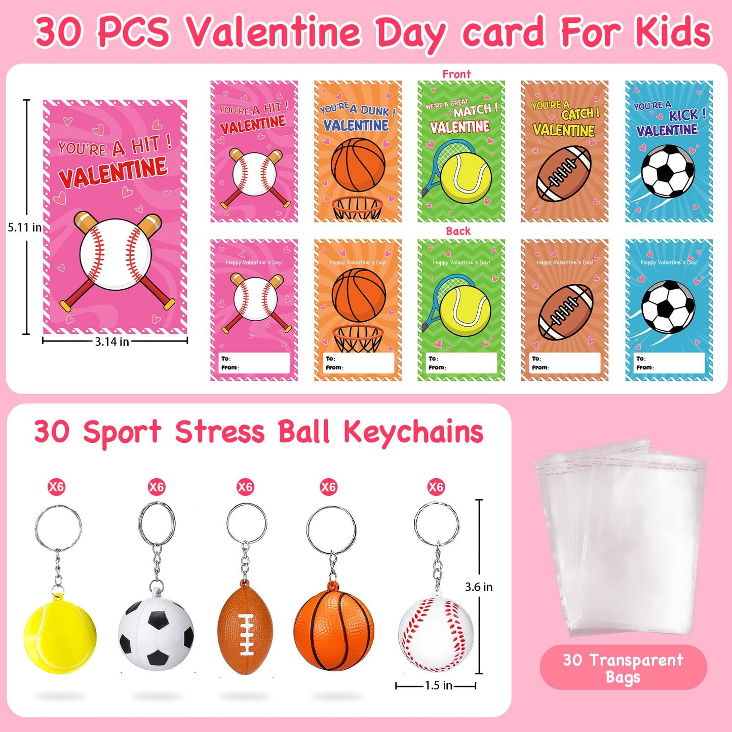 PIONJOY 30-Pack Valentines Day Gifts for Kids — Sports Keychains & PU Foam Squeeze Toys