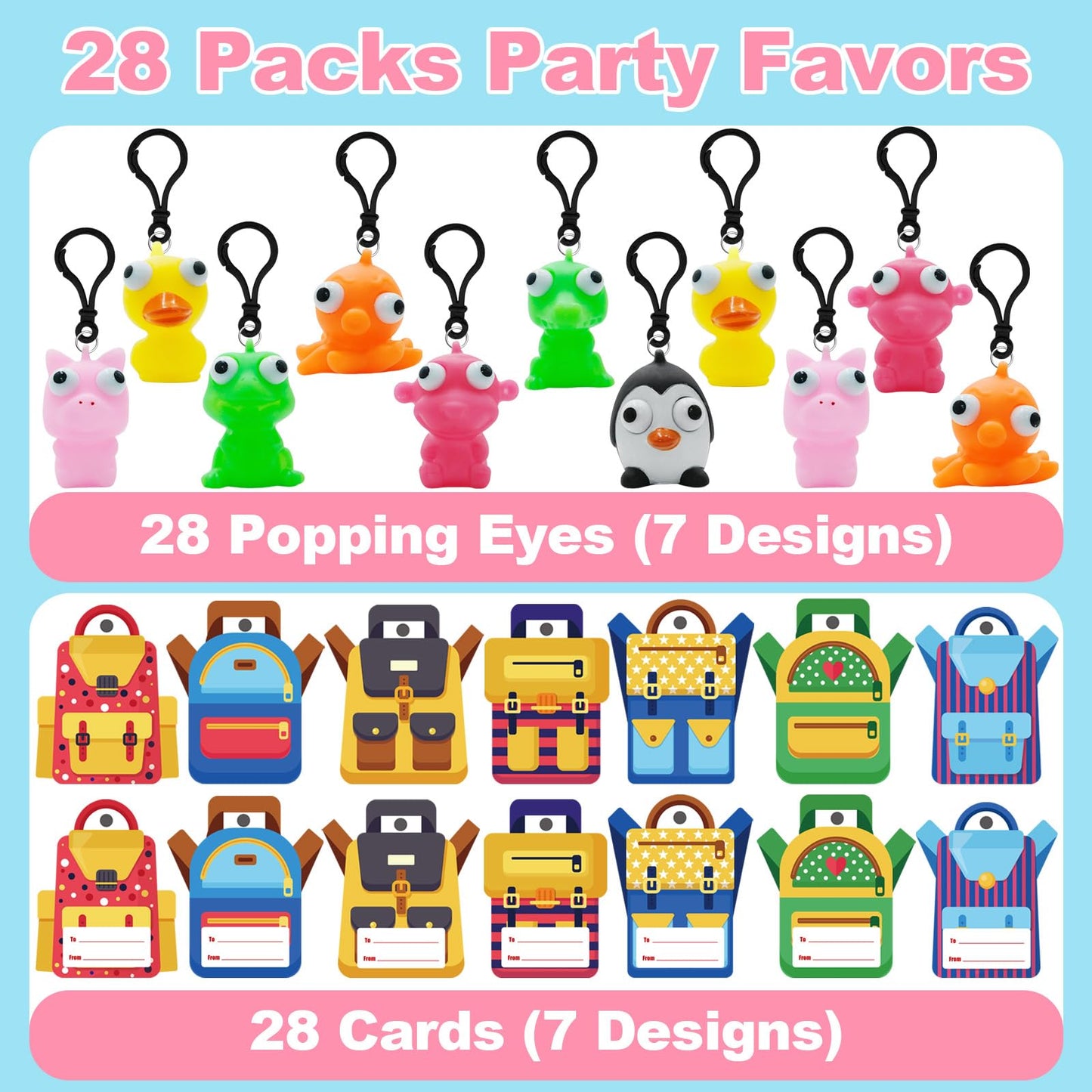 PIONJOY 28-Pack Valentines Cards with Eye-Pop Squeeze Keychains – Classroom Prizes & Gifts