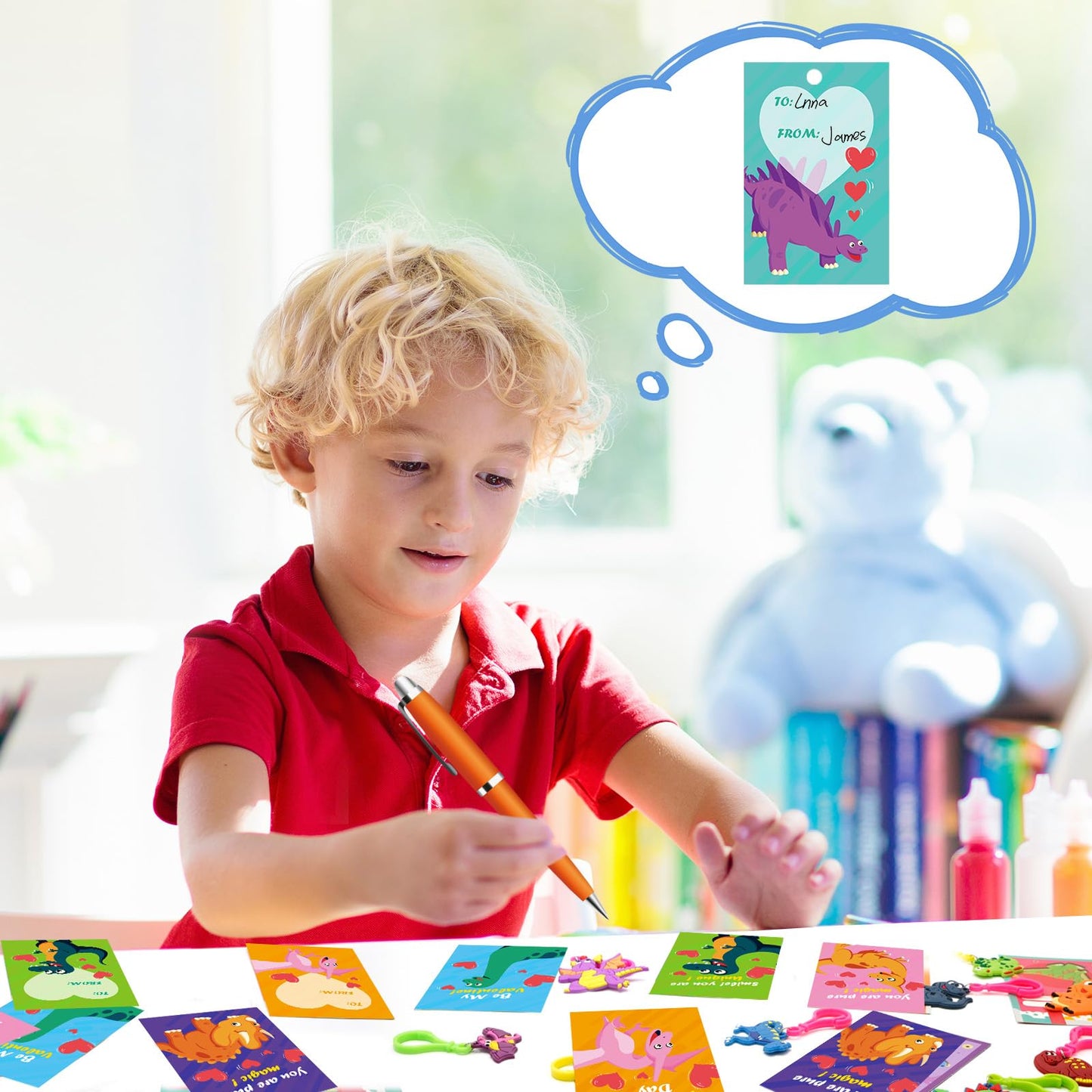 PIONJOY 28-Pack Valentines Dinosaur Keychains with Cards – Kids Classroom Party Favors