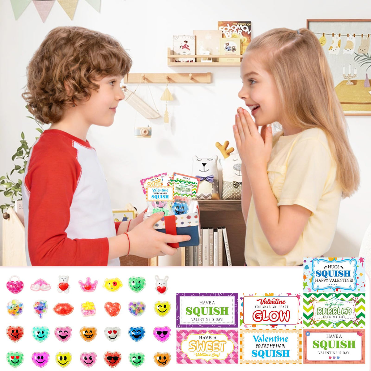 PIONJOY 28-Pack Valentines Day Gifts for Kids – Squishy Stress Balls with Cards & Classroom Prizes