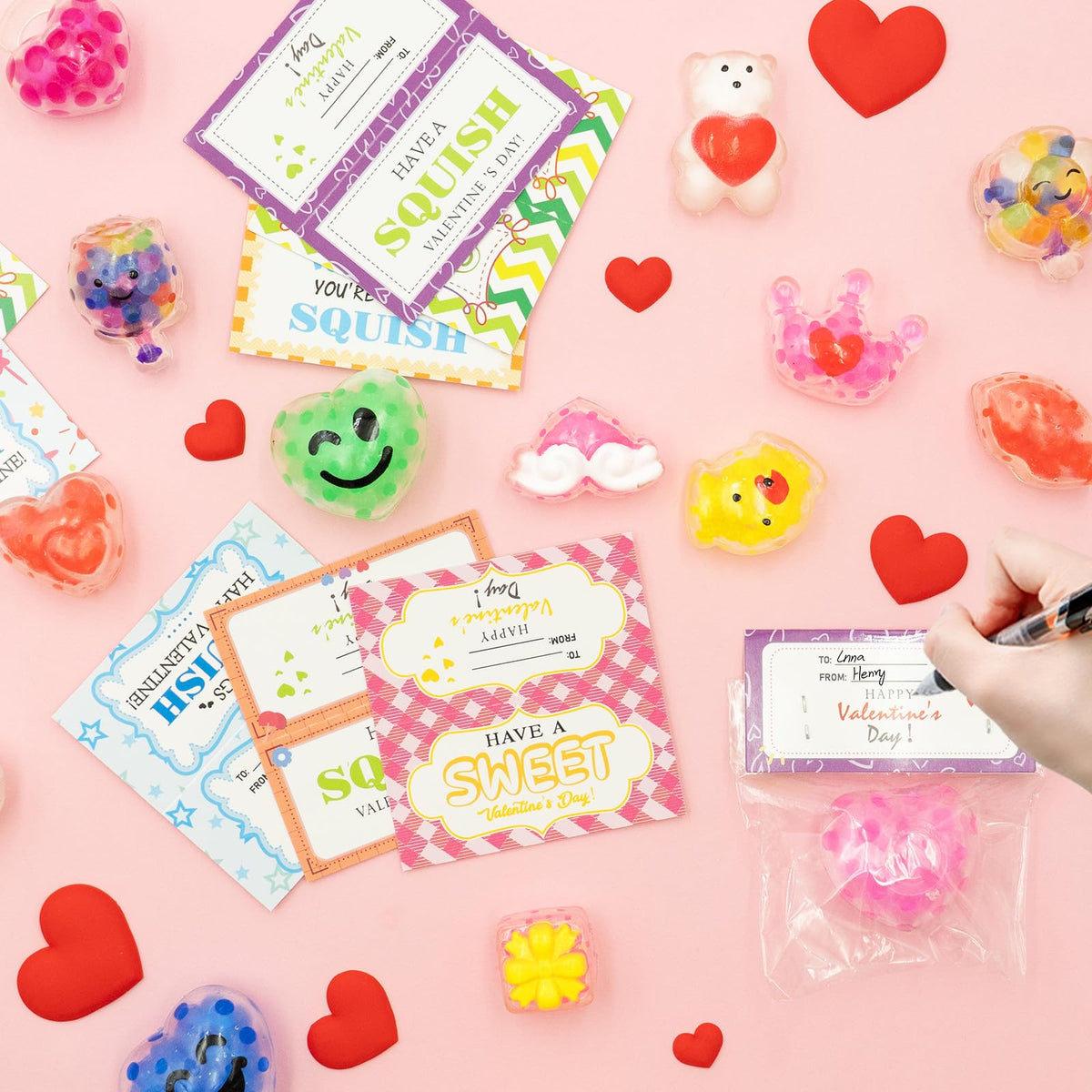 PIONJOY 28-Pack Valentines Day Gifts for Kids – Squishy Stress Balls with Cards & Classroom Prizes