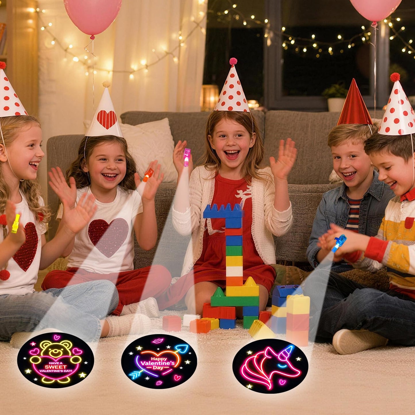 PIONJOY 28-Pack Valentines LED Finger Lights – Kids' Valentine Cards & Neon Design Lights for Classroom Fun