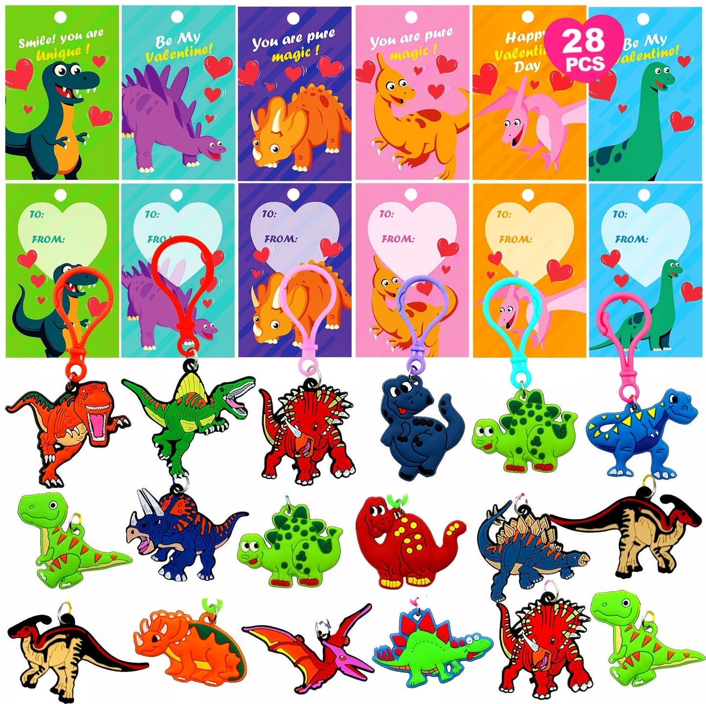 PIONJOY 28-Pack Valentines Dinosaur Keychains with Cards – Kids Classroom Party Favors