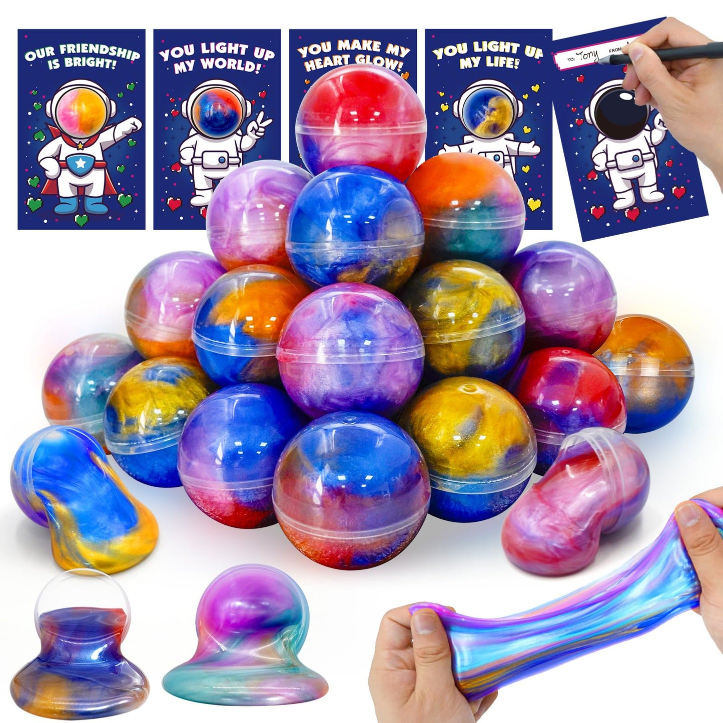 PIONJOY 28-Pack Valentines Galaxy Slime with Cards – Kids Classroom Gifts & Fidget Set